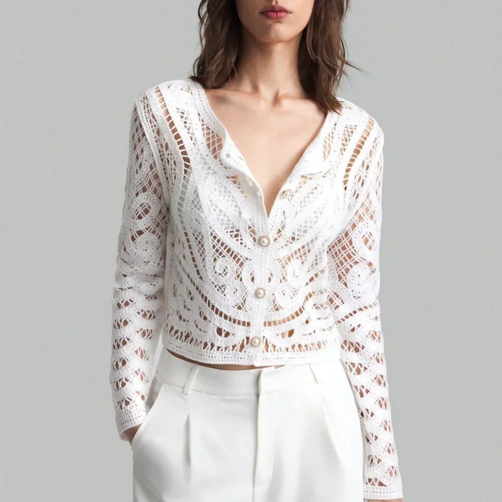 White Casual Women's Crew Neck Long Sleeve Sheer Front Button Up Blouse